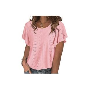 NWT Womens Tshirt‎ Loose Fit Round Neck Ruffle Sleeve Casual Tops Pink MED